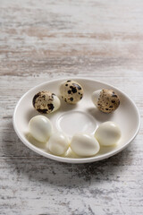 quail eggs on plate on wooden background