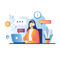 Smiling young woman operator with headset talking with customer. Cartoon characters for call center concept. Vector support service, online telephone consultant illustration