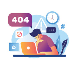 Error 404 landing page message male worker character frustrated confuse with laptop internet didn't work. Hard work. Vector flat cartoon illustration