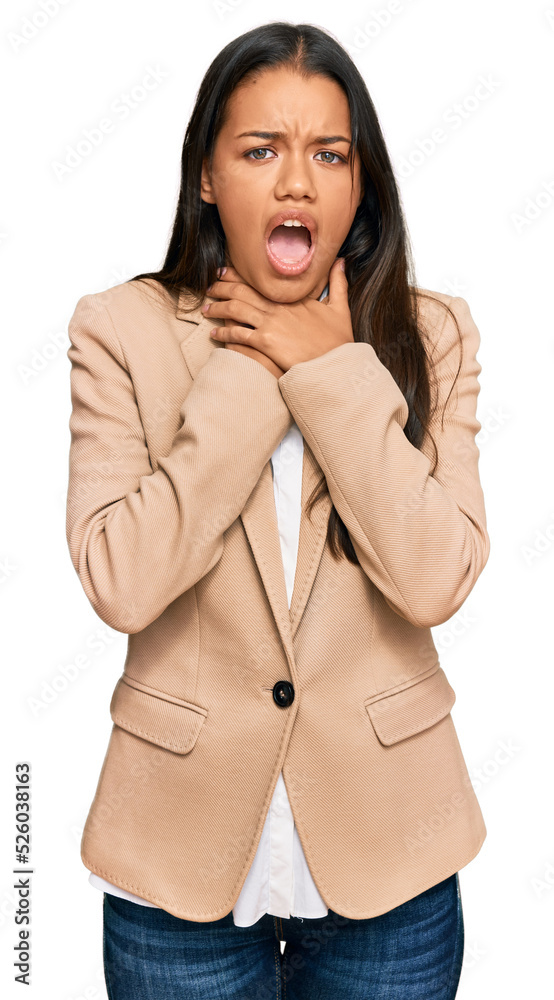 Poster Beautiful hispanic woman wearing business jacket shouting and suffocate because painful strangle. health problem. asphyxiate and suicide concept.