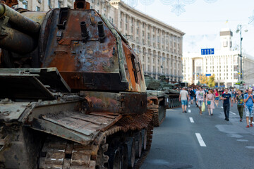 independence Day of Ukraine. burnt tanks of Russia on the street of Kyiv, Khreschatyk. Ukraine 23.08.2022