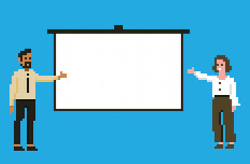 Vector female and male making presentation. Pointing at blank screen. Template. Pixel art retro game style illustration