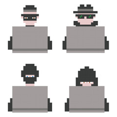 Vector hackers with laptops pixel art cartoon illustration. Cyber security, fishing, scam concept. Isolated 