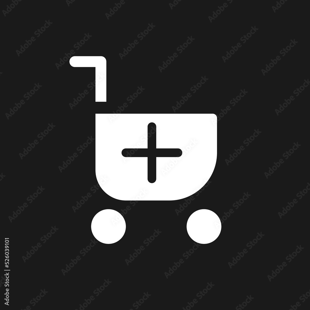 Sticker Add item to shopping cart dark mode glyph ui icon. Buy products. User interface design. White silhouette symbol on black space. Solid pictogram for web, mobile. Vector isolated illustration