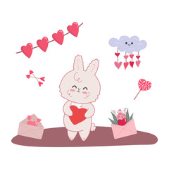Vector illustration of kawaii bunny with heart and romance elements .Valentine's day concept for postcards,posters and kids decor