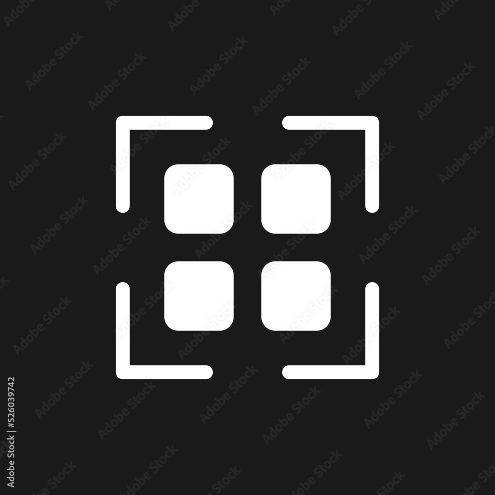 Poster scanning qr code dark mode glyph ui icon. get info from e-store. user interface design. white silhou
