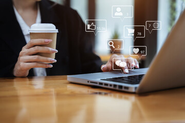 Businessman thai girl using laptop go shopping online in lunch break.