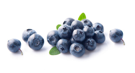 Blueberries with leaves closeup on white backgrounds.