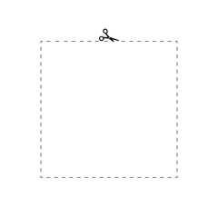 Dot marks in crop square shape. Scissor with dash cut line on white background. Trim ribbon with scissor isolated on coupon. Black shear border on voucher. Vector illustration.