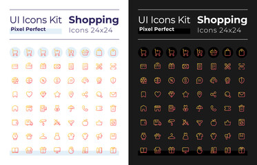 Shopping pixel perfect gradient linear ui icons set for dark, light mode. Digital commerce. Line contour user interface symbols. Modern style pictograms. Vector isolated outline illustrations