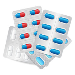 White, red and blue pills in blister packaging isolated on white background