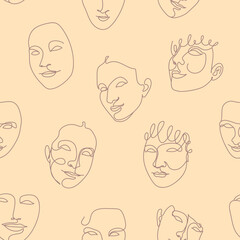 Seamless pattern with one single line drawings of female face and abstract shapes. On white background.