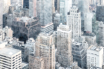 Digital watercolor painting New York City skyscrapers in midtown Manhattan aerial panorama view