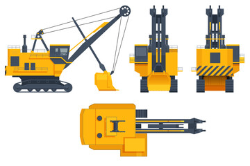 Obraz na płótnie Canvas Isometric dragline excavators. Heavy equipment used in civil engineering and surface mining. View front, rear, side and top. Equipment for high-mining industry. Mining clay in quarry.