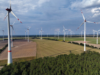 Aerial view of windmills in Brandenburg, Germany