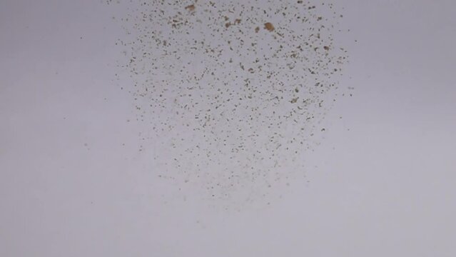 Cumin powder jumping and falling on white surface at super slow motion selective focus shot.