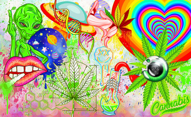 Psychedelic trippy  art. Abstract colorful background with bright psychedelic Design. Character alien ufo. Weed smoking lips Cannabis. Melt bong, smoke cannabis, weed. Hand-drawn print. - 526047362
