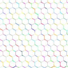 White background and multicolored hexagon pattern.