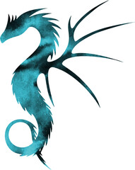 Fototapeta premium Dragon silhouette watercolor Blue and dark. PNG.