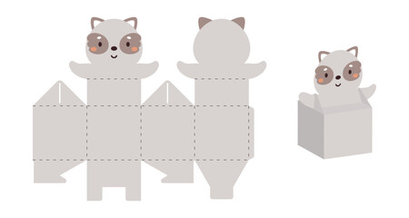 Simple packaging favor box raccoon design for sweets, candies, small presents. Party package template for any purposes, birthday, baby shower. Print, cut out, fold, glue. Vector stock illustration © Jexy