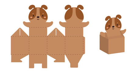 Simple packaging favor box dog design for sweets, candies, small presents. Party package template for any purposes, birthday, baby shower. Print, cut out, fold, glue. Vector stock illustration
