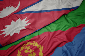 waving colorful flag of eritrea and national flag of nepal.