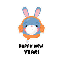 Obraz na płótnie Canvas Happy New Year greeting card with cute rabbit. Vector illustration in cartoon style. White background.