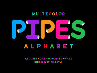 colorful tube style alphabet design with uppercase, numbers and symbols
