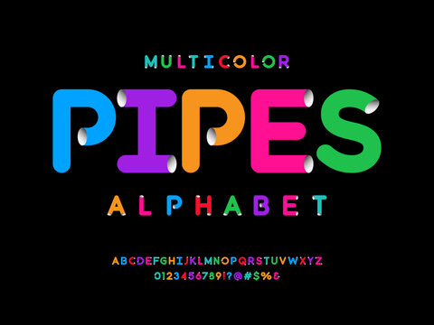colorful tube style alphabet design with uppercase, numbers and symbols