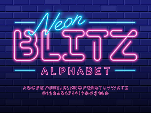 Glowing neon light alphabet design with uppercase, numbers and symbols