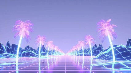 Synthwave wireframe net. Palm trees around the road. Retrowave landscape. 3d illustration