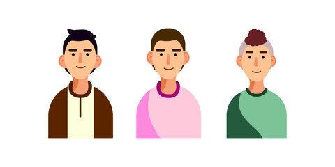 Vector illustration of Three people. A guy in a brown sweatshirt with fashionable bangs, a man with a halfbox in a pink sweater, a guy in an erocaus in a green Tshirt. Drawn style. For business