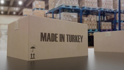 Boxes with MADE IN TURKEY text on conveyor. 3d illustration
