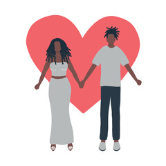 Valentine's day illustration. Couple  holding hands. Young black man and young black woman on a red heart background. Romantic greeting card. Vector illustration