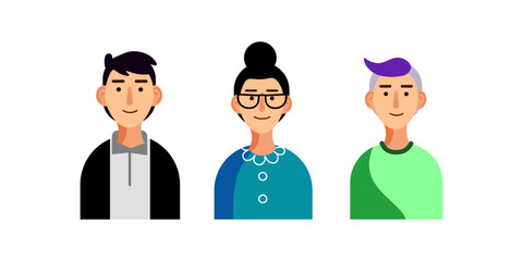 Vector illustration of Three people. A man in a formal suit with trendy bangs, a middle-aged woman with glasses and a bun, a guy with purple emo bangs. Drawn style. For business and advertising. - obrazy, fototapety, plakaty