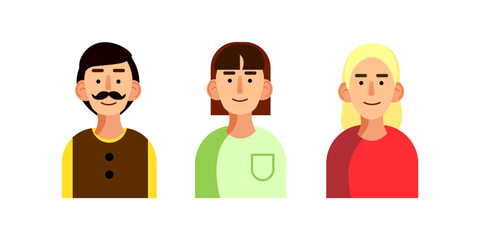 Vector illustration of Three people. A man with a thick mustache in a brown vest, a girl with a brown bob, a blonde in a red dress. Drawn style. For business and advertising.