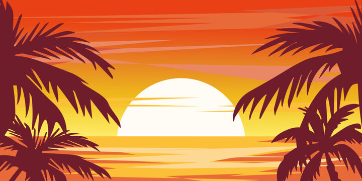Vector illustration of sunset on the seashore. Tropics, palm trees, ocean, sea, waves, calm, red sky, orange sun, banana trees. Futurism concept. Vector illustration for Business and Advertising