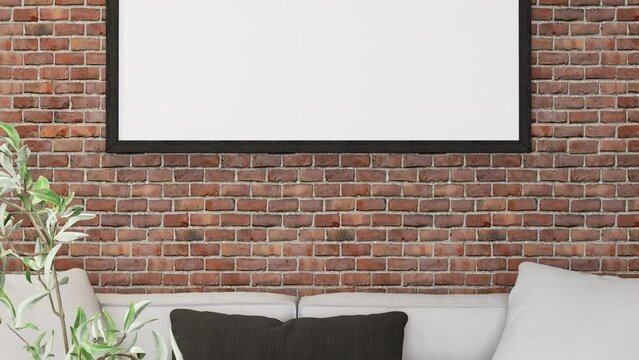 Modern interior design of furniture and fixture for living room with neutral tones furniture. moving slide slowly away from the wall. 3d animation rendering