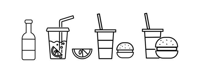 Fast food set icon. Soda, water, cola, cocktail, burger, hot dog, hamburger, juice, lemon, orange, gases. Junk food concept. Vector line icon for Business and Advertising
