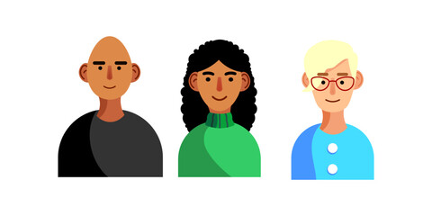 Vector illustration of Three people. Bald swarthy guy in a black jacket, curly dark haired girl, a blond man in r ed glasses and a blue button down shirt. Drawn style. Vector line icon for Business