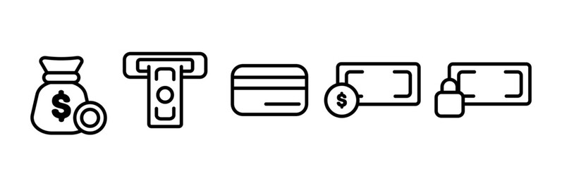 Banking set icon. Card, credit card, debit, contactless payment, ATM, cash, cashback, check, bill, banknote, calculator. Money concept. Vector line icon for Business and Advertising