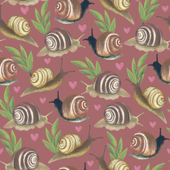 Seamless pattern with digital watercolor snails and hearts