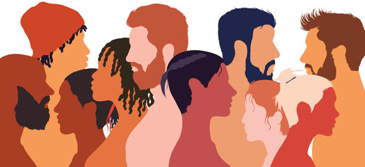 Vector illustration of diversity multi-ethnic and multiracial people standing together in front of each other. Concept of racial equality and anti-racism.