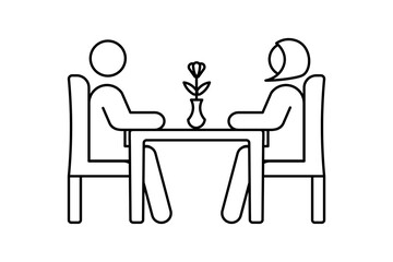 Vector illustration of couple at the table. Man and woman on a date, acquaintance, flowers, dinner, dating site, anniversary. Vector line icon for Business and Advertising