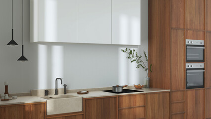 Japandi trendy wooden kitchen in white and beige tones. Wooden cabinets, contemporary wallpaper and marble top. Wabi sabi interior design