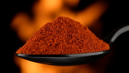 Smoked paprika spice in spoon, over open fire