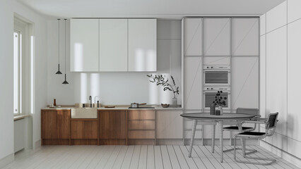 Architect interior designer concept: hand-drawn draft unfinished project that becomes real, japandi trendy wooden kitchen and dining room. Wooden cabinets, table and marble top