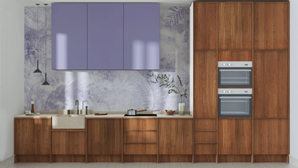 Japandi trendy wooden kitchen in white and purple tones. Wooden cabinets, contemporary wallpaper...