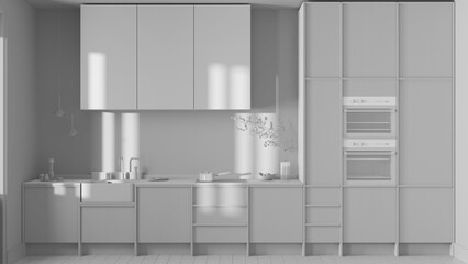 Total white project draft, japandi trendy wooden kitchen. Wooden cabinets, contemporary wallpaper and marble top. Front view, minimalist interior design