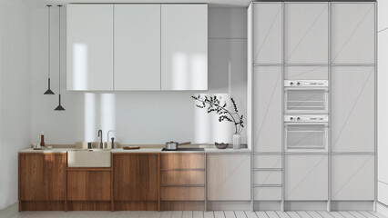 Architect interior designer concept: hand-drawn draft unfinished project that becomes real, japandi trendy wooden kitchen. Wooden cabinets and marble top. Front view